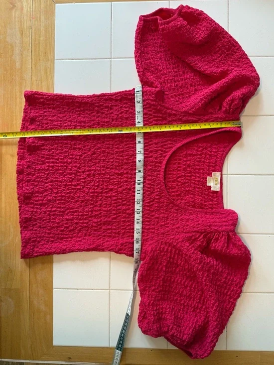 Anthropologie Maeve Balloon Sleeved Textured Smocked Stretch Top Large Hot Pink - Picture 8 of 8